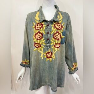 Magnolia Pearl Embroidered Denim Isabel Shirt Washed Indigo
